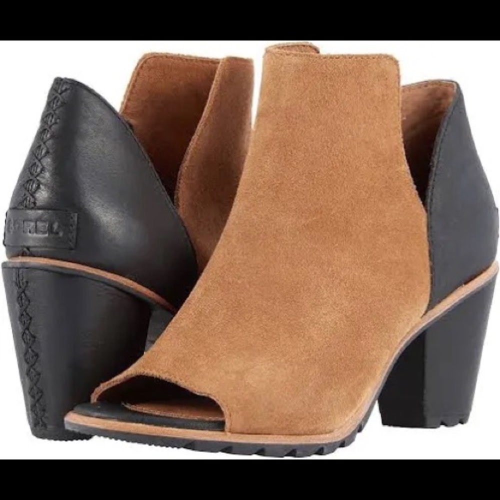 Sorel Two-Tone Tan Suede and Black Leather Peep-Toe Heels